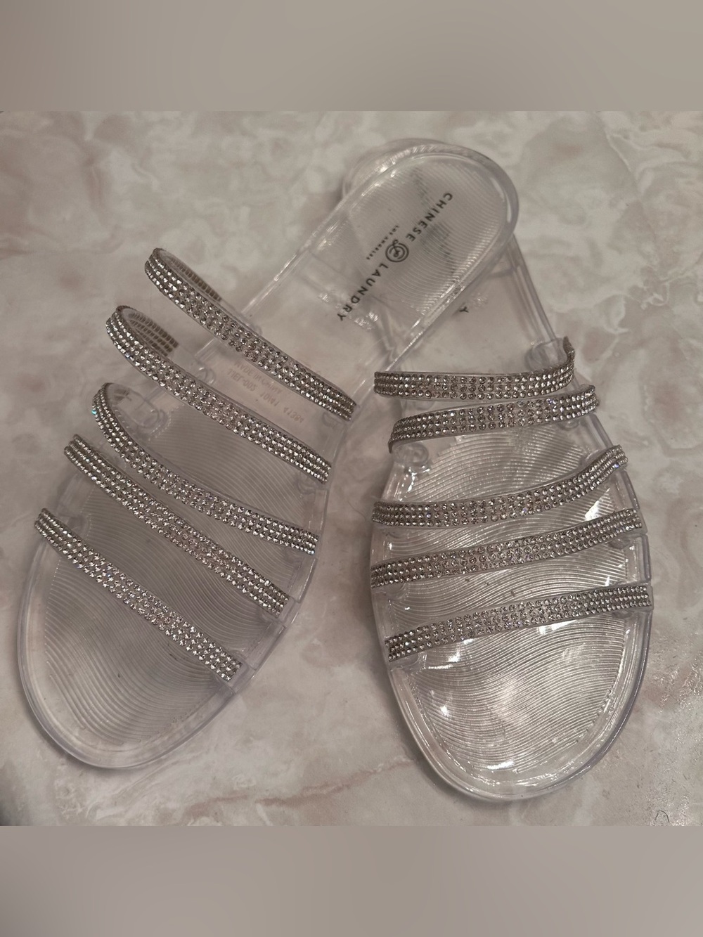 Chinese Laundry Clear Slide Sandals with Rhinestone Straps - Clear Sz 10